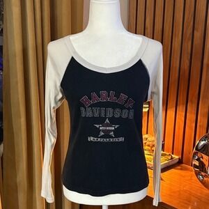 00s/Y2K Harley Davidson Raglan Long Sleeve T-Shirt Black White Heritage Lisle L